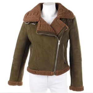 ZARA olive green brown faux suede/sherpa teddy moto jacket Size Large